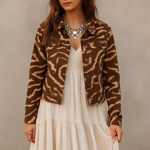 Lauren Jeans Co. Brown & Tan Animal Print Denim Jacket Western Safari Size M